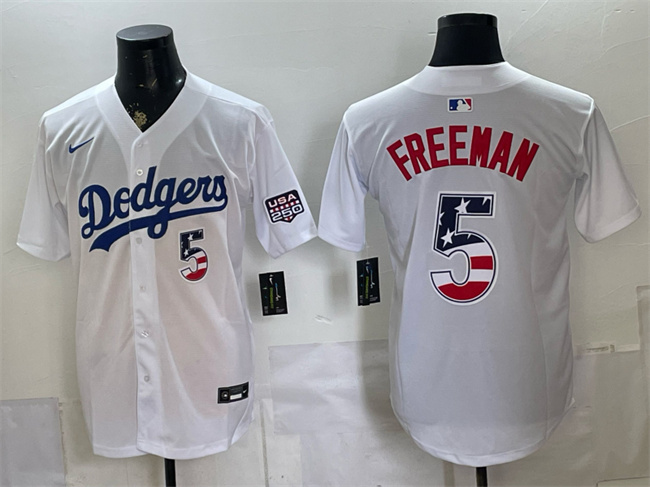 Men's Los Angeles Dodgers #5 Freddie Freeman White 250 Fourth of July Home Stitched Baseball Jersey